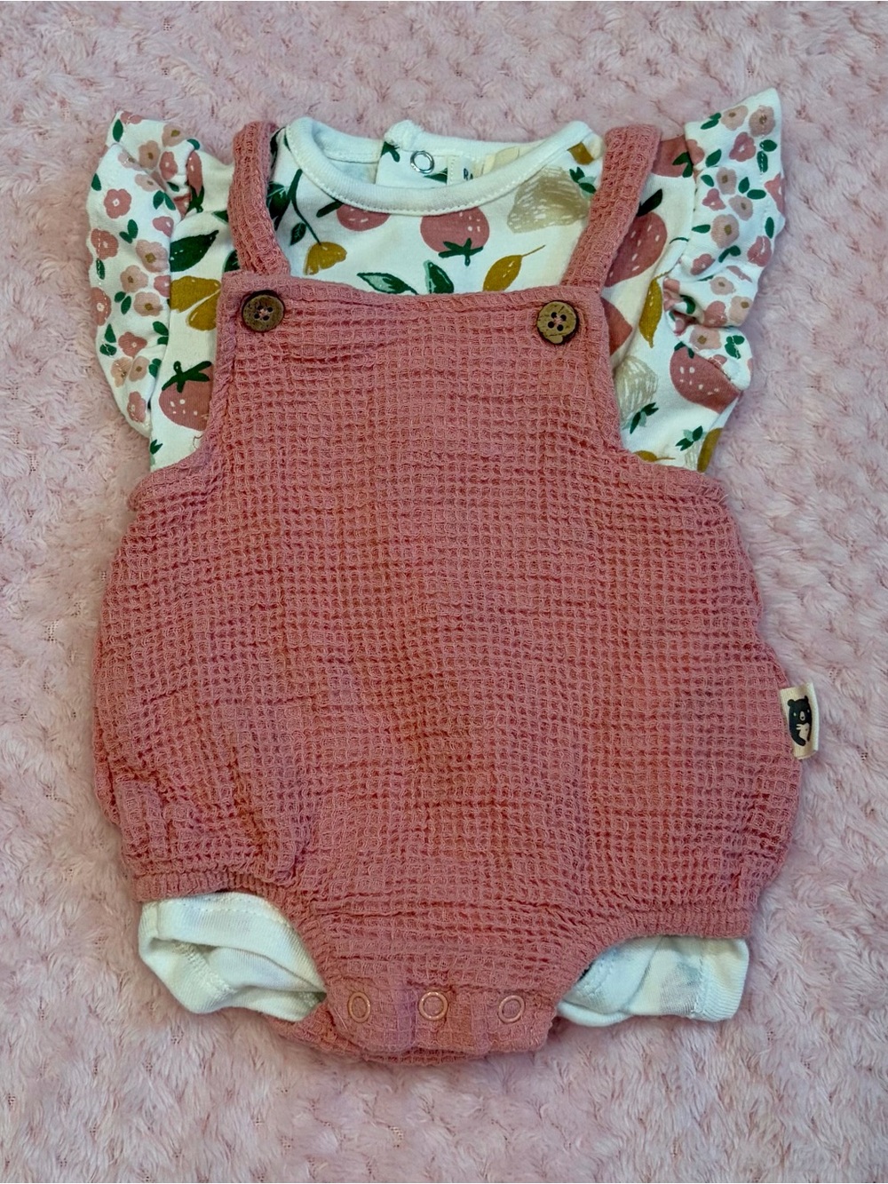 Rabbit + Bear Dusty Pink Baby Waffle Romper with Floral Bodysuit